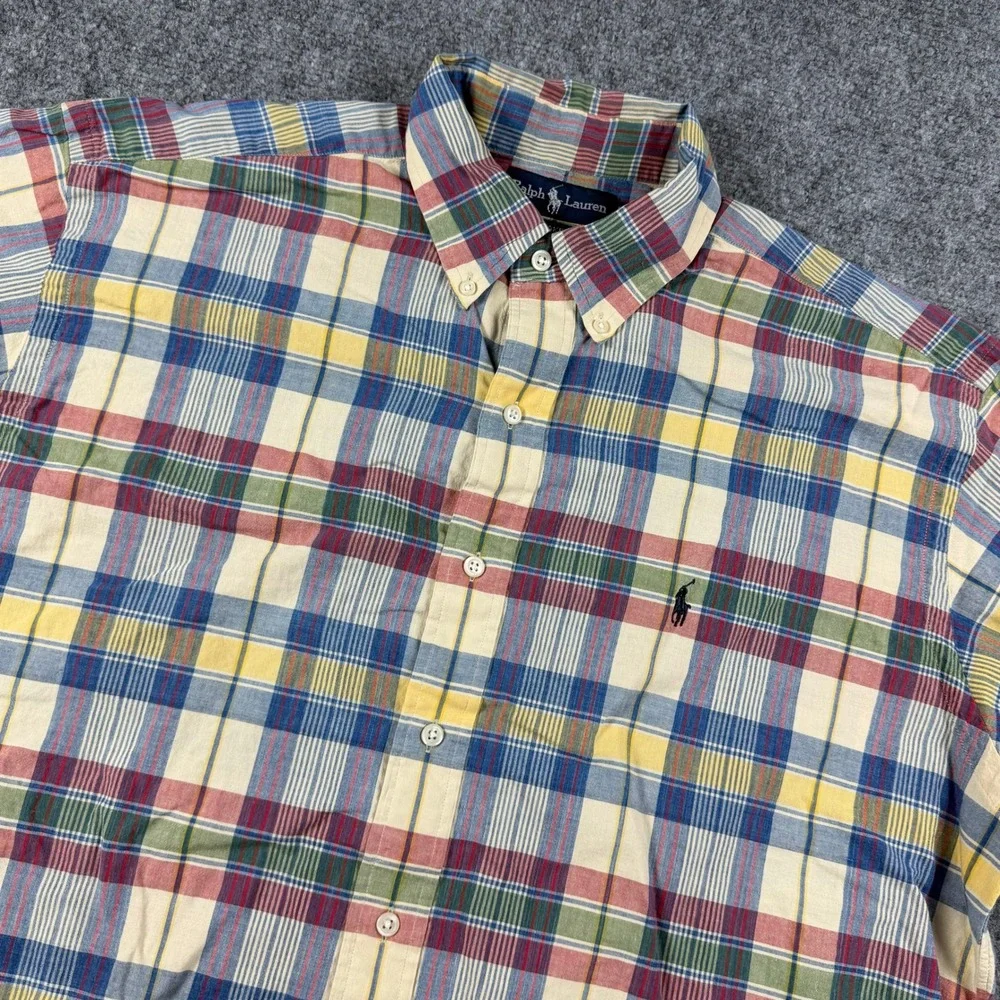 Ralph Lauren Button Down Mens Large Multi Color Plaid Blake Short Sleeve Cotton
